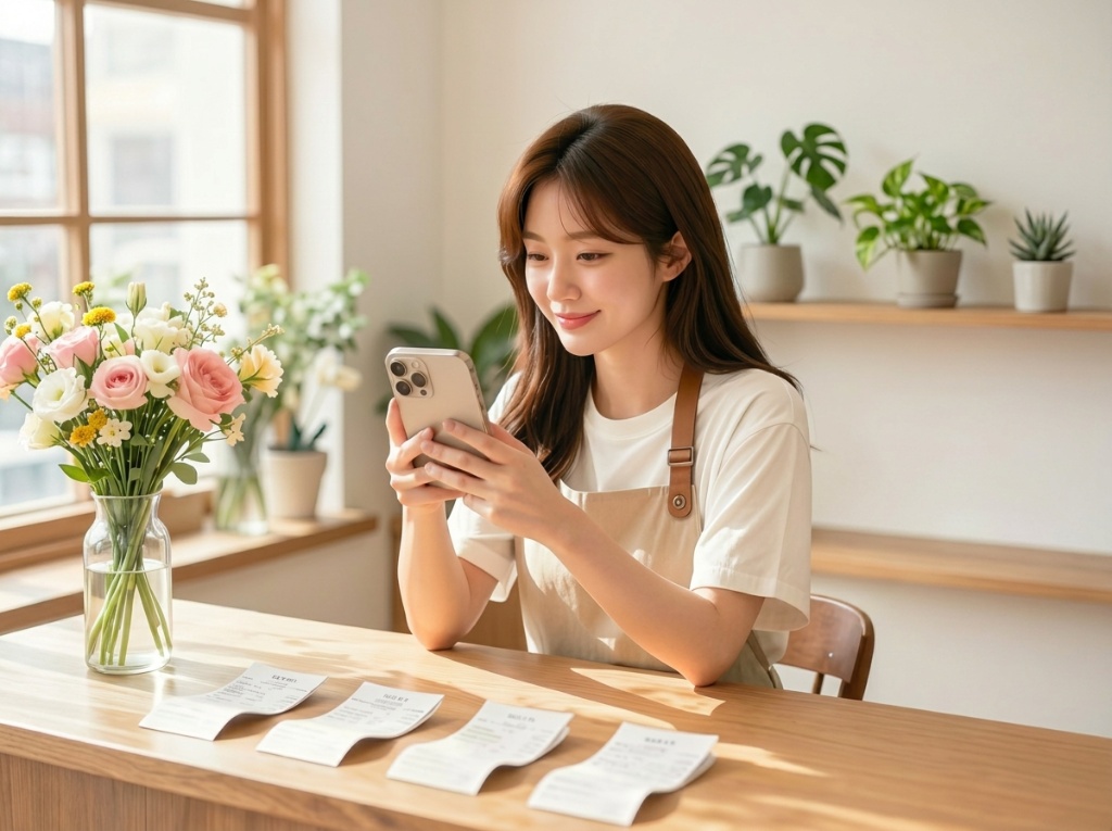 플로우노트 앱을 보며 흐뭇해하는 꽃집 사장님